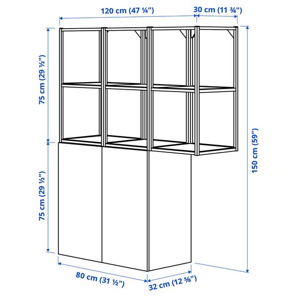 ENHET Комбинация д/хранения - белый 120x32x150 см - схема-чертеж с размерами