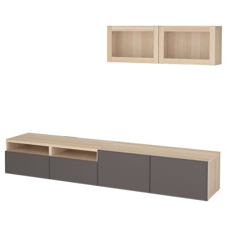 Шкаф для ТВ, комбинированный, стекляные дверцы БЕСТО, под беленый дуб Грундсвикен, темно-серый прозрачное стекло (240x20/40x166