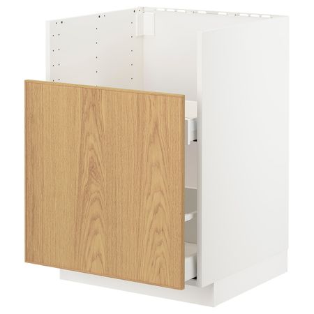 Шкаф под мойку БРЕДШЁН/1фасад/2ящика, белый/Экестад дуб 60x60 см IKEA METOD МЕТОД 492.982.16