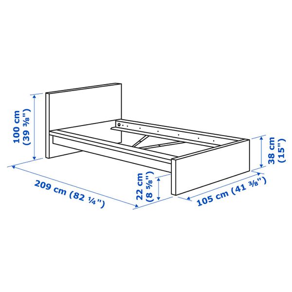 Каркас кровати, дубовый шпон, беленый/Лурой 90x200 см IKEA MALM МАЛЬМ 392.773.99 - схема-чертеж с размерами