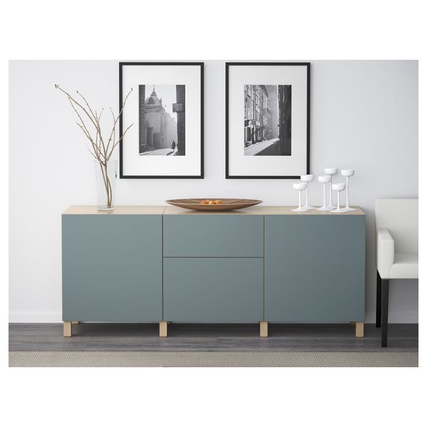 Комбинация для хранения с ящиками БЕСТО, под беленый дуб, Вальвикен серо-бирюзовый (180x40x74 см) - схема-чертеж с размерами