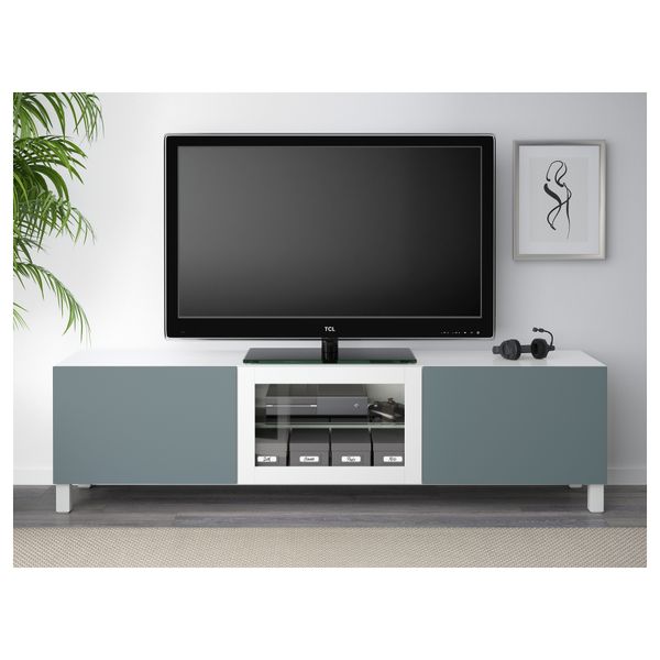 Тумба под ТВ с ящиками и дверцей БЕСТО, белый, Вальвикен серо-бирюзовый, прозрачное стекло (180x40x48 см) - фото 3