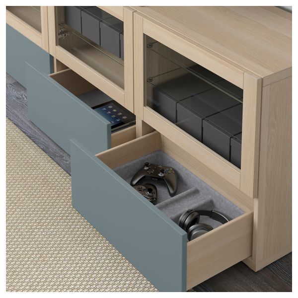 Тумба под ТВ, с дверцами и ящиками БЕСТО, под беленый дуб, Вальвикен серо-бирюзовый, прозрачное стекло (180x40x64 см) - фото 4