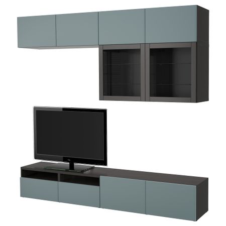 Шкаф для ТВ, комбинированный, стекляные дверцы БЕСТО, черно-коричневый, Вальвикен серо-бирюзовый, прозрачное стекло (240x40x230