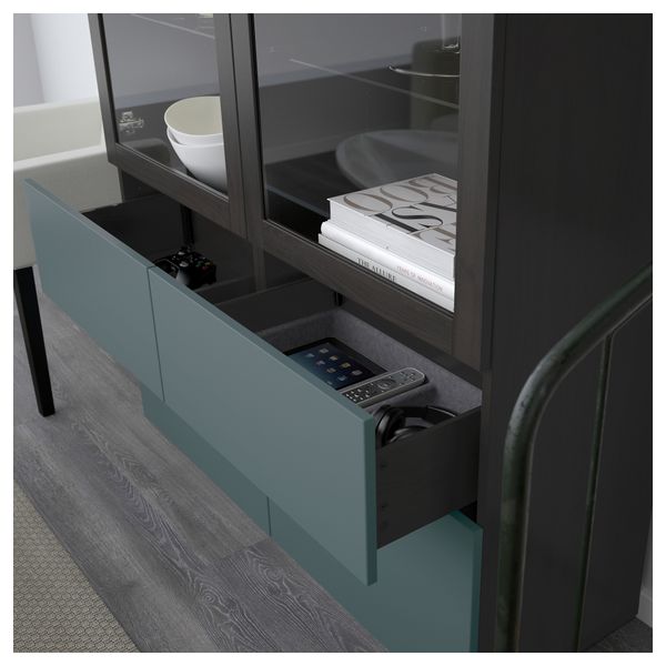 Комбинация для хранения со стеклянными дверцами БЕСТО, черно-коричневый, Вальвикен серо-бирюзовый, прозрачное стекло (120x40x192 - схема-чертеж с размерами