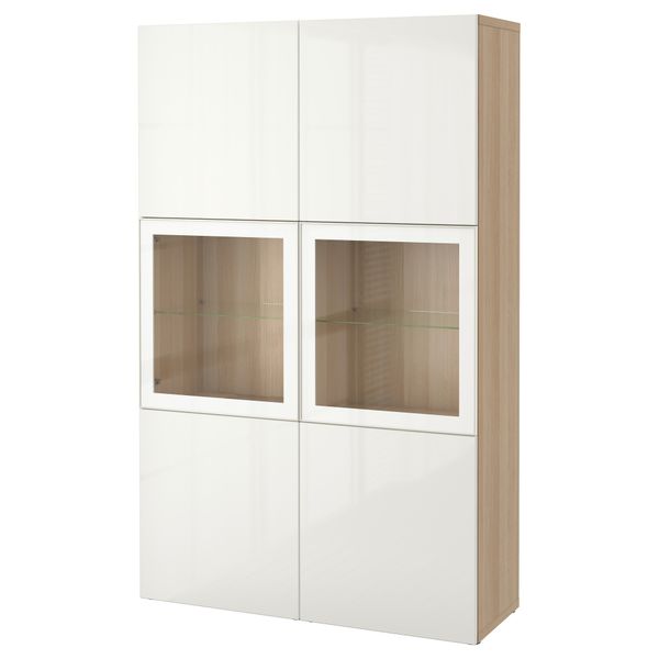 Комбинация для хранения со стеклянными дверцами БЕСТО, под беленый дуб, Сельсвикен глянцевый/белый прозрачное стекло (120x40x192 - фото 1