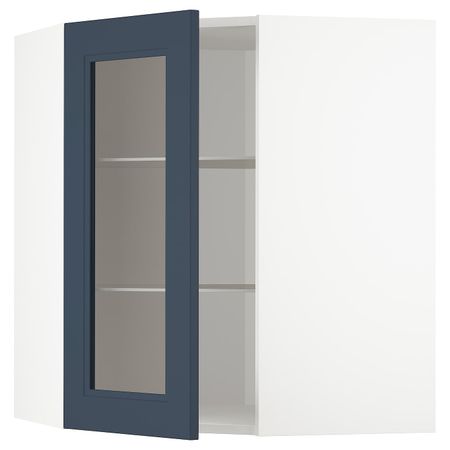 Угловой навесной шкаф с полками, стекляными дв, белый Акстад/матовая поверхность синий 68x80 см IKEA METOD МЕТОД 494.020.05