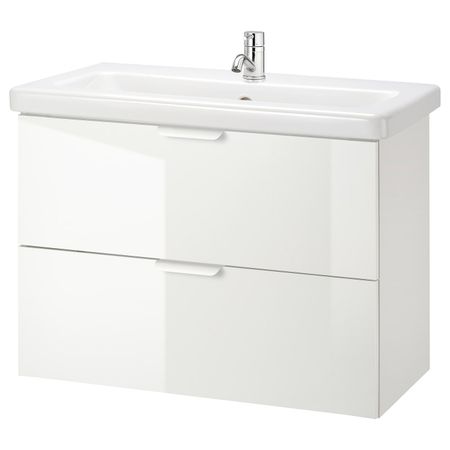 Шкаф под раковину с 2 ящиками, глянцевый белый/ПИЛКОН смеситель 84x43x65 см IKEA FISKÅN ФИСКОН / TVÄLLEN ТВЭЛЛЕН 594.304.37