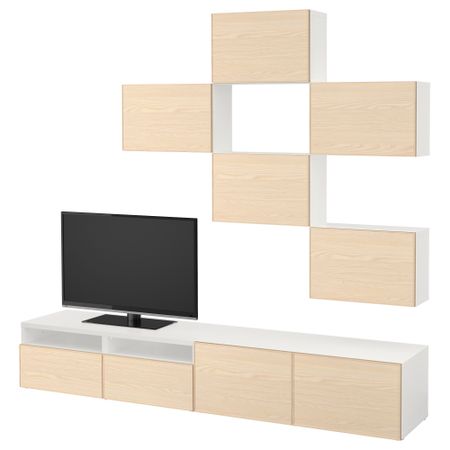 Шкаф для ТВ, комбинация БЕСТО, белый, Инвикен ясеневый шпон (240x20/40x204 см)