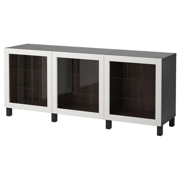 Комбинация для хранения с дверцами, черно-коричневый, Синдвик светло-серый прозрачное стекло, 180x40x74 см IKEA БЕСТО 092.466.63 - фото 1