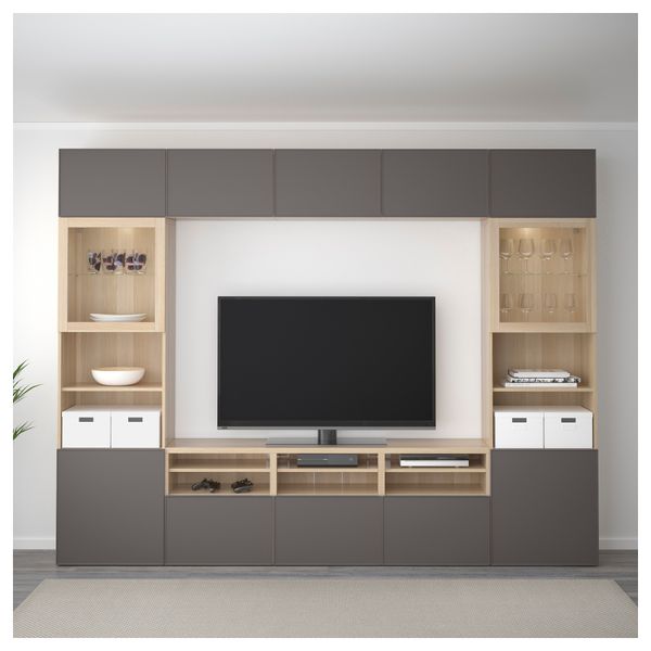 Шкаф для ТВ, комбинированный, стекляные дверцы БЕСТО, под беленый дуб Грундсвикен, темно-серый прозрачное стекло (300x40x230 см) - фото 2