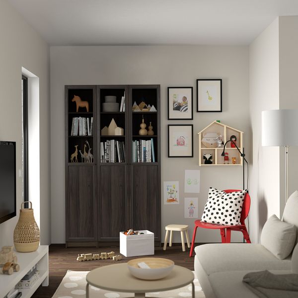 Стеллаж + глухие, стеклянные дверцы, под дуб темно-коричневый, 120x30x202 см IKEA BILLY БИЛЛИ, OXBERG ОКСБЕРГ 095.818.48 - схема-чертеж с размерами