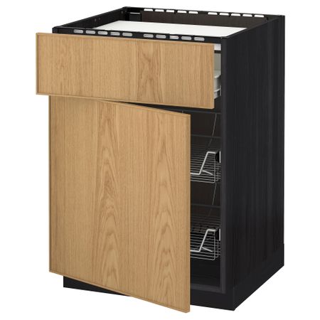 Напольный шкаф для варочной панели, ящик, 2 проволочных корзины МЕТОД / ФОРВАРА, черный, Экестад дуб (60x60 см)