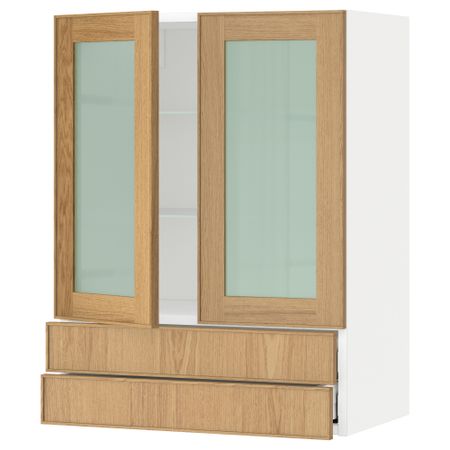 Навесной шкаф, 2 стеклянные дверцы, 2 ящика МЕТОД / МАКСИМЕРА, белый, Экестад дуб