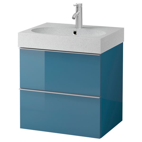Шкаф для раковины с 2 ящиками ГОДМОРГОН / БРОВИКЕН, глянцевый бирюзовый, светло-серый (60x49x68 см) - фото 2