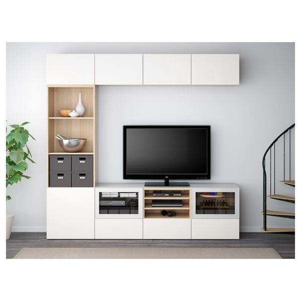 Шкаф для ТВ, комбинированный, стекляные дверцы БЕСТО, под беленый дуб под беленый дуб, Сельсвикен глянцевый/белый прозрачное - фото 2