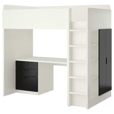 Кровать-чердак, 3 ящика, 2 дверцы СТУВА, белый, черный (207x99x193 см)