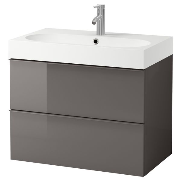 Шкаф для раковины с 2 ящиками ГОДМОРГОН / БРОВИКЕН, глянцевый серый (80x49x68 см) - фото 2