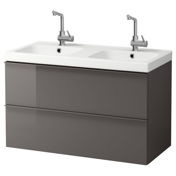 Шкаф для раковины с 2 ящиками ГОДМОРГОН / ОДЕНСВИК, глянцевый серый (100x49x64 см) - фото 2