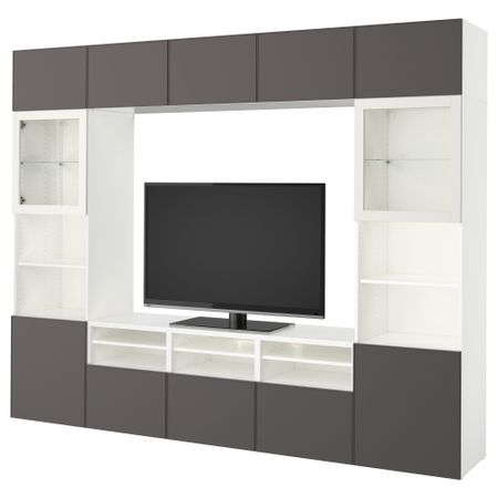 Шкаф для ТВ, комбинированный, стекляные дверцы БЕСТО, белый Грундсвикен, темно-серый прозрачное стекло (300x40x230 см)