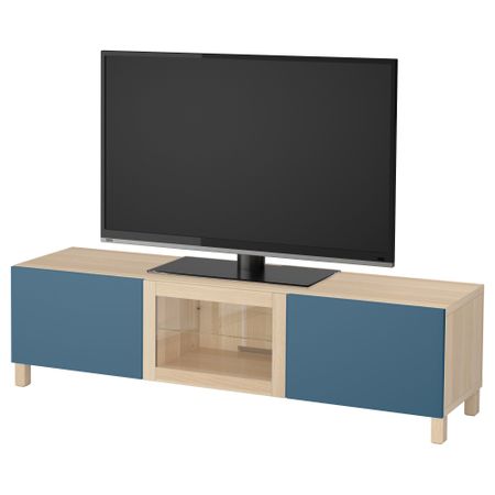 Тумба под ТВ с ящиками и дверцей БЕСТО, под беленый дуб Вальвикен, темно-синий прозрачное стекло (180x40x48 см)