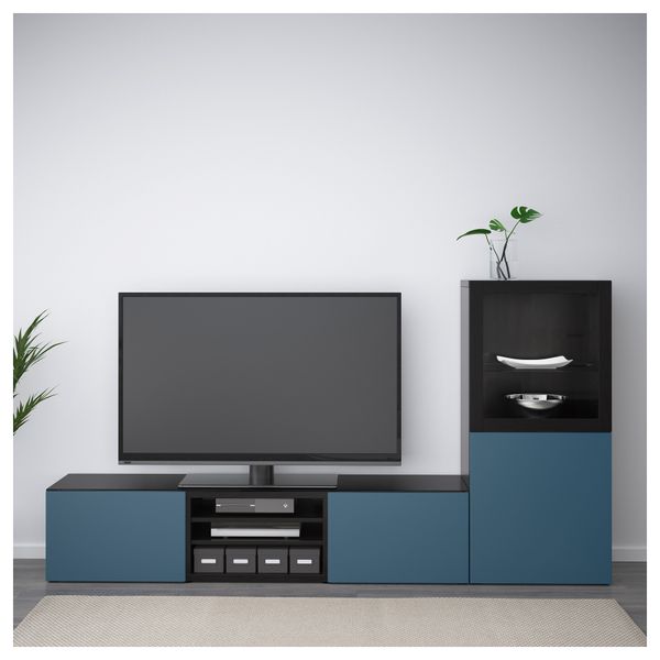 Шкаф для ТВ, комбинированный, стекляные дверцы БЕСТО, черно-коричневый Вальвикен, темно-синий прозрачное стекло (240x40x128 см) - фото 2