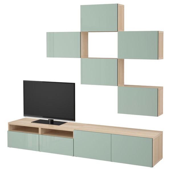 Шкаф для ТВ, комбинация БЕСТО, под беленый дуб, Сельсвикен глянцевый/серо-зеленый светлый (240x20/40x204 см) - фото 1