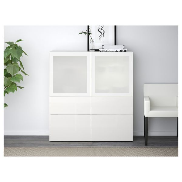 Комбинация для хранения со стеклянными дверцами БЕСТО, белый, Сельсвикен глянцевый/белый матовое стекло (120x40x128 см) - фото 2