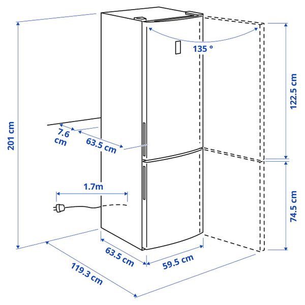 Холодильник морозильник, ИКЕА 700 отдельно стоящий/цвет нержавеющей стали 240/76 л IKEA VÄLGÅNG ВЭЛГОНГ 104.948.31 - схема-чертеж с размерами