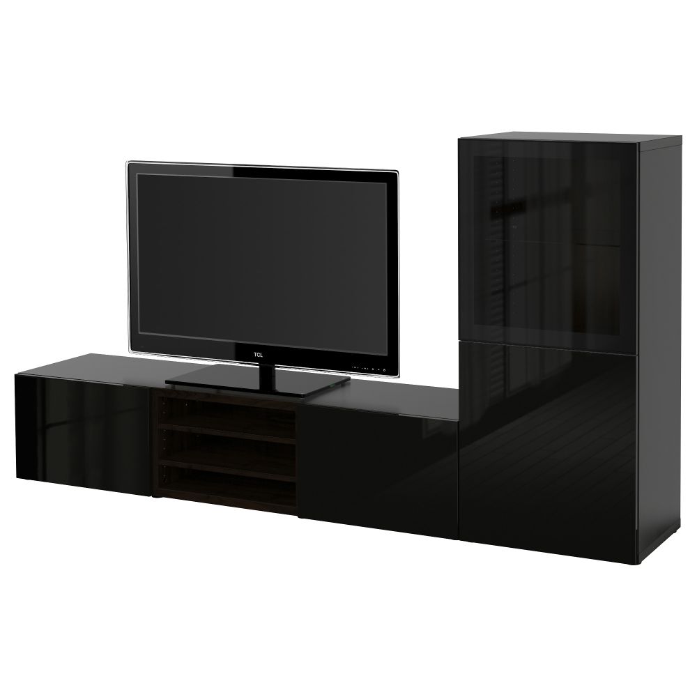 Шкаф для ТВ, комбинированный, стекляные дверцы БЕСТО, черно-коричневый, Сельсвикен глянцевый/черный прозрачное стекло - фото 1