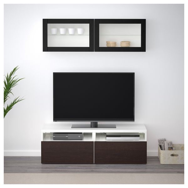 Шкаф для ТВ, комбинированный, стекляные дверцы БЕСТО, белый, Инвикен черно-коричневый прозрачное стекло (120x20/40x166 см) - фото 2