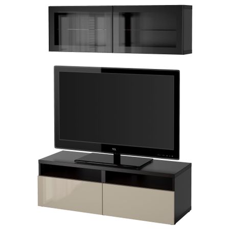 Шкаф для ТВ, комбинированный, стекляные дверцы БЕСТО, черно-коричневый, Сельсвикен глянцевый/бежевый прозрачное стекло