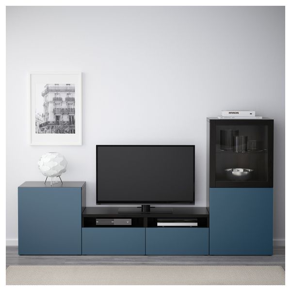 Шкаф для ТВ, комбинированный, стекляные дверцы БЕСТО, черно-коричневый Вальвикен, темно-синий прозрачное стекло (240x40x128 см) - фото 2