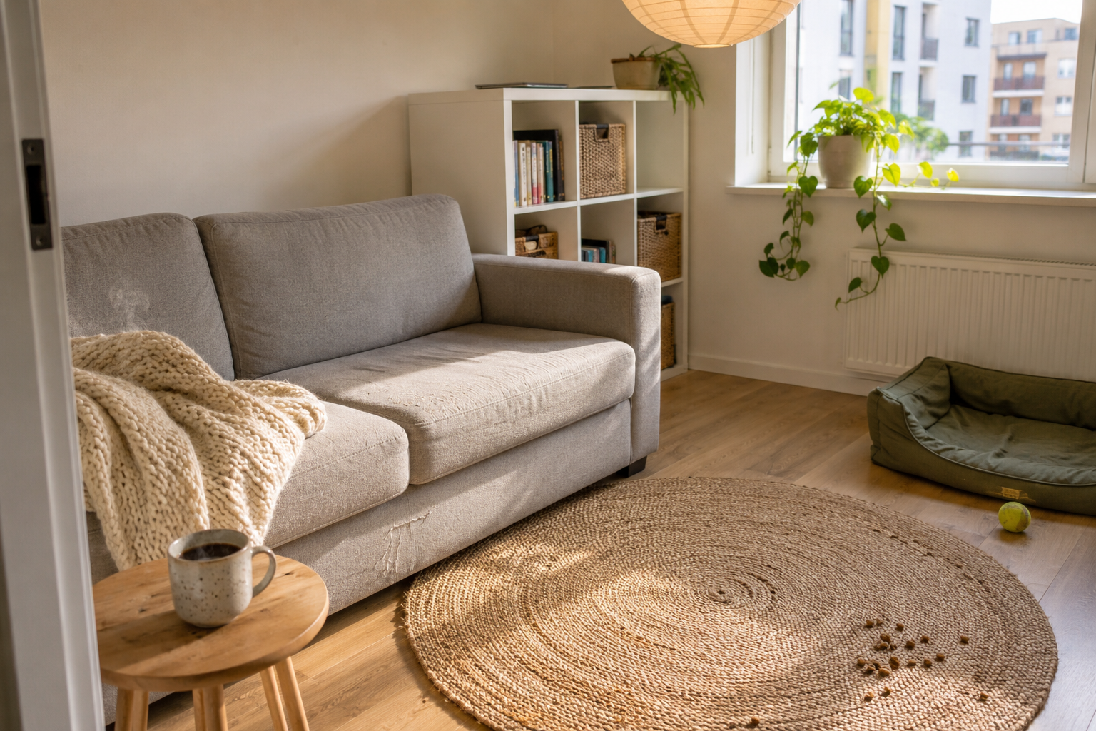 Гостиная с диваном IKEA и собачьей лежанкой — 5 лет совместной жизни