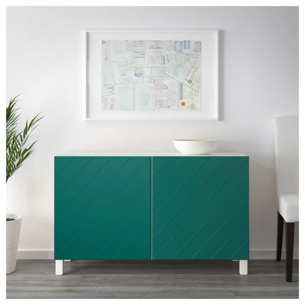 Комбинация для хранения с дверцами БЕСТО, белый, Халлставик сине-зеленый (120x40x74 см) - схема-чертеж с размерами