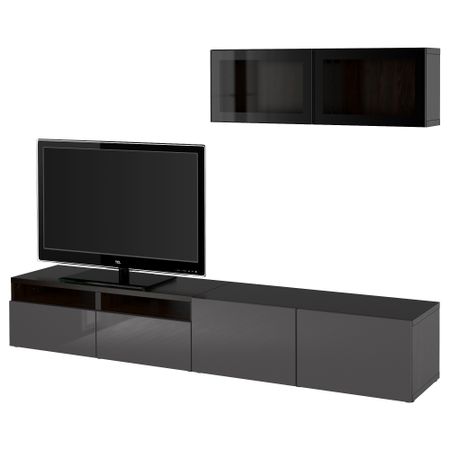 Шкаф для ТВ, комбинированный, стекляные дверцы БЕСТО, черно-коричневый, Сельсвикен глянцевый/серый прозрачное стекло