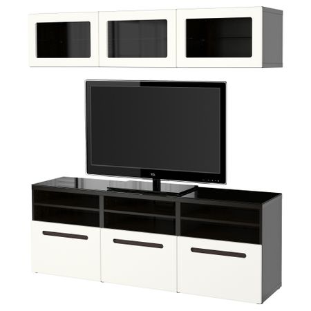 Шкаф для ТВ, комбинированный, стекляные дверцы БЕСТО, черно-коричневый, Марвикен белый прозрачное стекло (180x40x192 см)