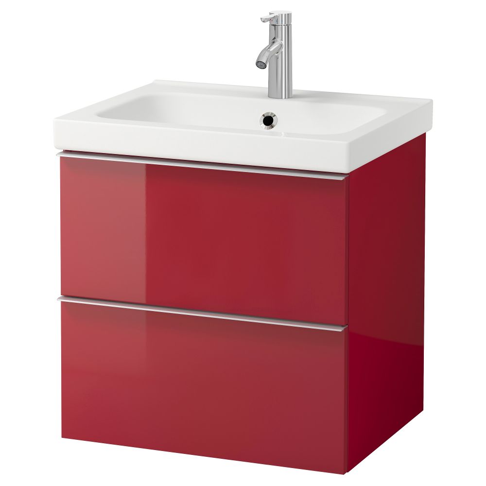 Шкаф для раковины с 2 ящиками ГОДМОРГОН / ОДЕНСВИК, глянцевый красный (60x49x64 см) - фото 1
