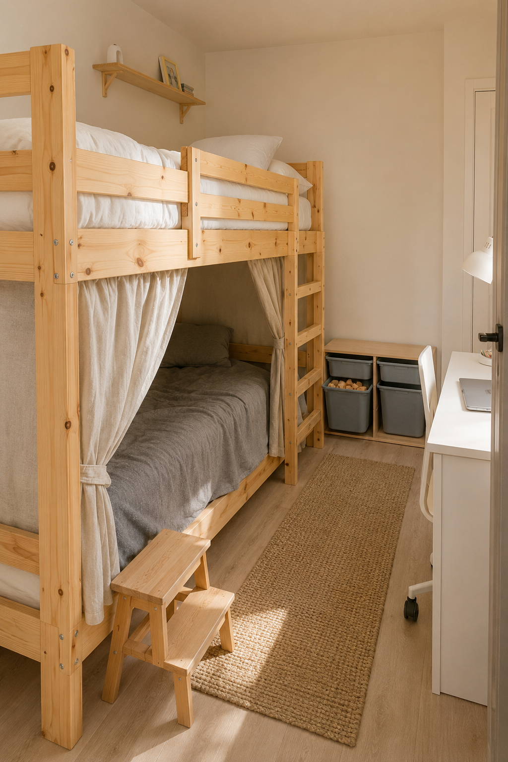 Планировка 1 детской 16 м² с двухъярусной кроватью MYDAL: старший спит наверху, младший внизу, стол MICKE напротив