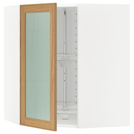 Угловой навесной шкаф с вращающающейся секцией, стеклянными дверцами МЕТОД, белый, Экестад дуб