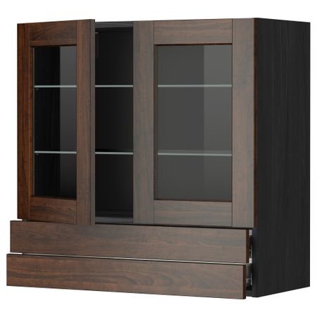 Навесной шкаф, 2 стеклянные дверцы, 2 ящика МЕТОД / ФОРВАРА, черный, Эдсерум коричневый