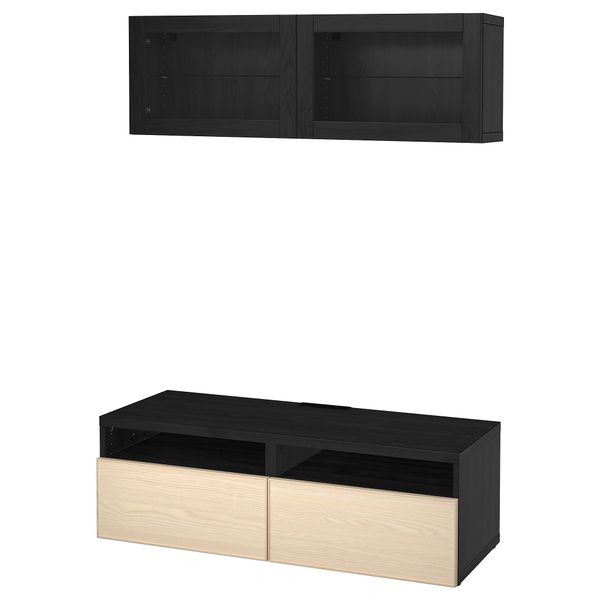 Шкаф для ТВ, комбинированный, стекляные дверцы БЕСТО, черно-коричневый Инвикен, ясеневый шпон прозрачное стекло (120x20/40x166 - фото 1