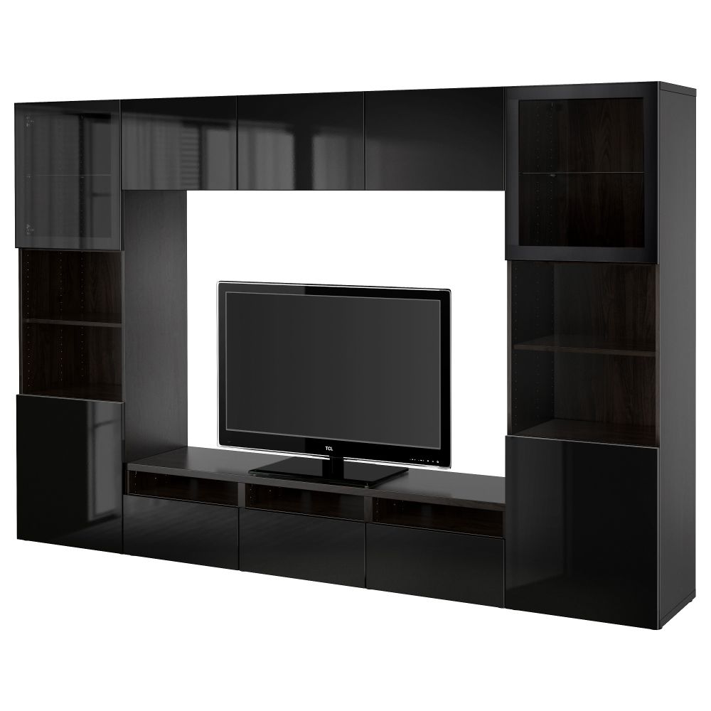 Шкаф для ТВ, комбинированный, стекляные дверцы БЕСТО, черно-коричневый, Сельсвикен глянцевый/черный прозрачное стекло - фото 1