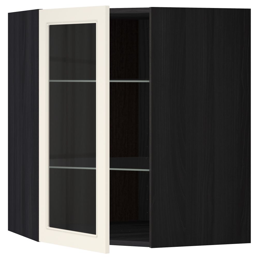 Угловой навесной шкаф с полками, стекляными дверцами МЕТОД, черный, Хитарп белый с оттенком - схема-чертеж с размерами