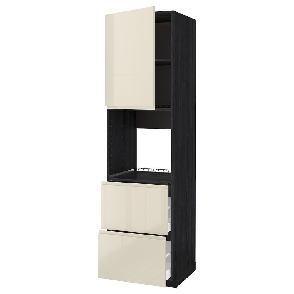 Высокий шкаф для духовки + дверца, 2 форнтальных, 2 высоких ящ, черный, Воксторп глянцевый светло-бежевый 60x60x220 см IKEA - схема-чертеж с размерами