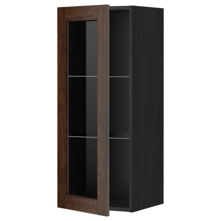 Навесной шкаф с полками, стекляными дверцы МЕТОД, черный, Эдсерум коричневый