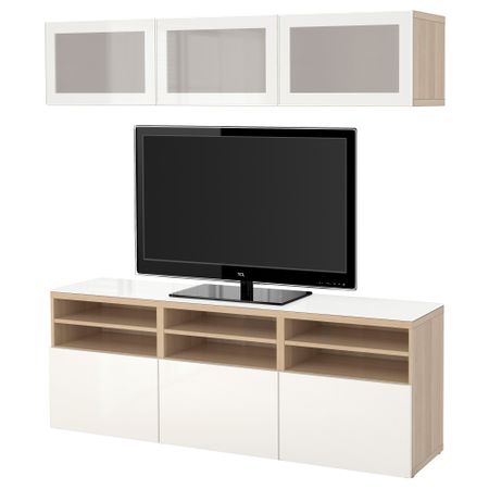 Шкаф для ТВ, комбинированный, стекляные дверцы БЕСТО, под беленый дуб, Сельсвикен глянцевый/белый матовое стекло (180x40x192 см)