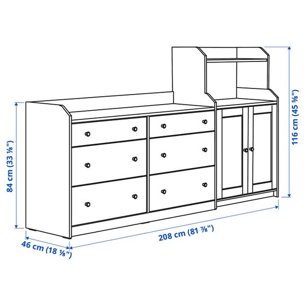 Комбинация для хранения, серый 208x116 см IKEA HAUGA ХАУГА 093.882.28 - схема-чертеж с размерами