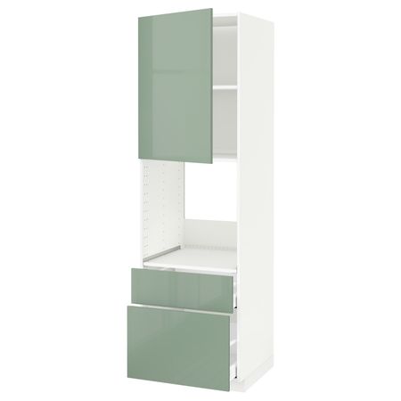 Высокий шкаф для духовки + дверца, 2 фронтальные панели, 1 средняя, 1 встроенный ящ, белый, Калларп светло-зеленый, 60x60x200 см