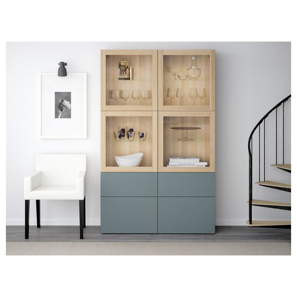 Комбинация для хранения со стеклянными дверцами БЕСТО, под беленый дуб, Вальвикен серо-бирюзовый, прозрачное стекло (120x40x192 - фото 2
